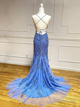 Backless Blue Lace Prom Dresses, Open Back Blue Lace Formal Graduation Dresses